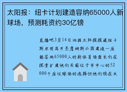 太阳报：纽卡计划建造容纳65000人新球场，预测耗资约30亿镑